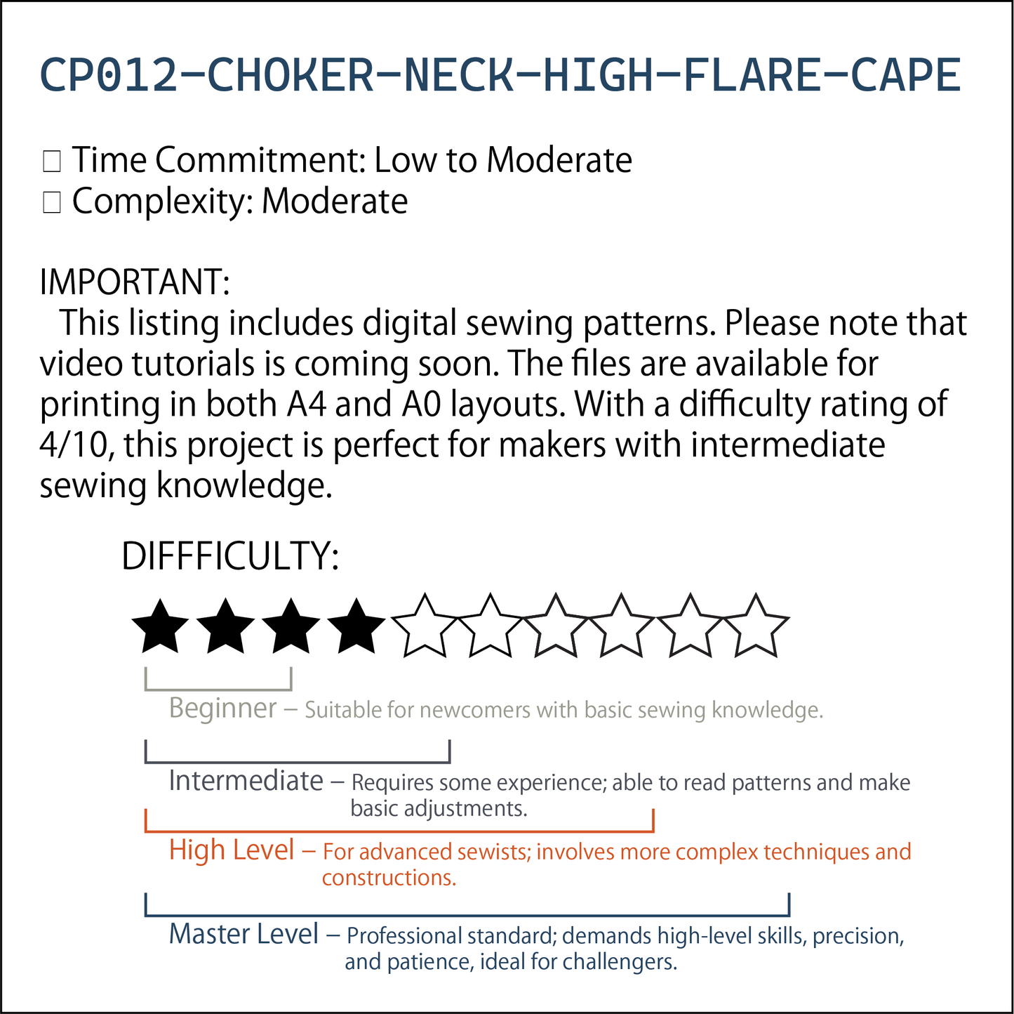 Choker-Neck High-Flare Cape Pattern | High Collar Sweeping Fantasy Cloak PDF (Free-Size) | Video Tutorial Included | A4 & A0 Plotter Files