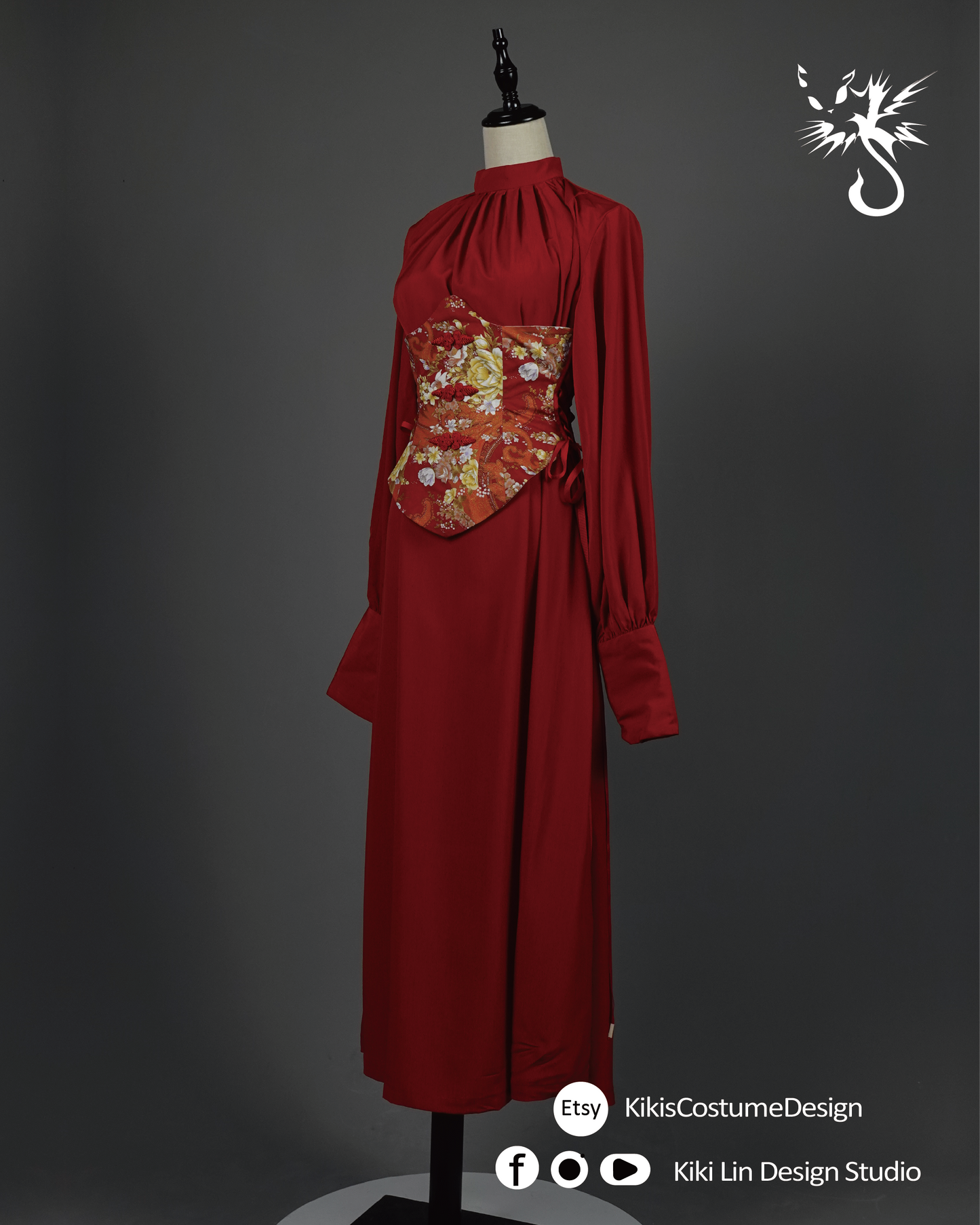 Crimson "Modern Orient" Corseted Maxi Gown
