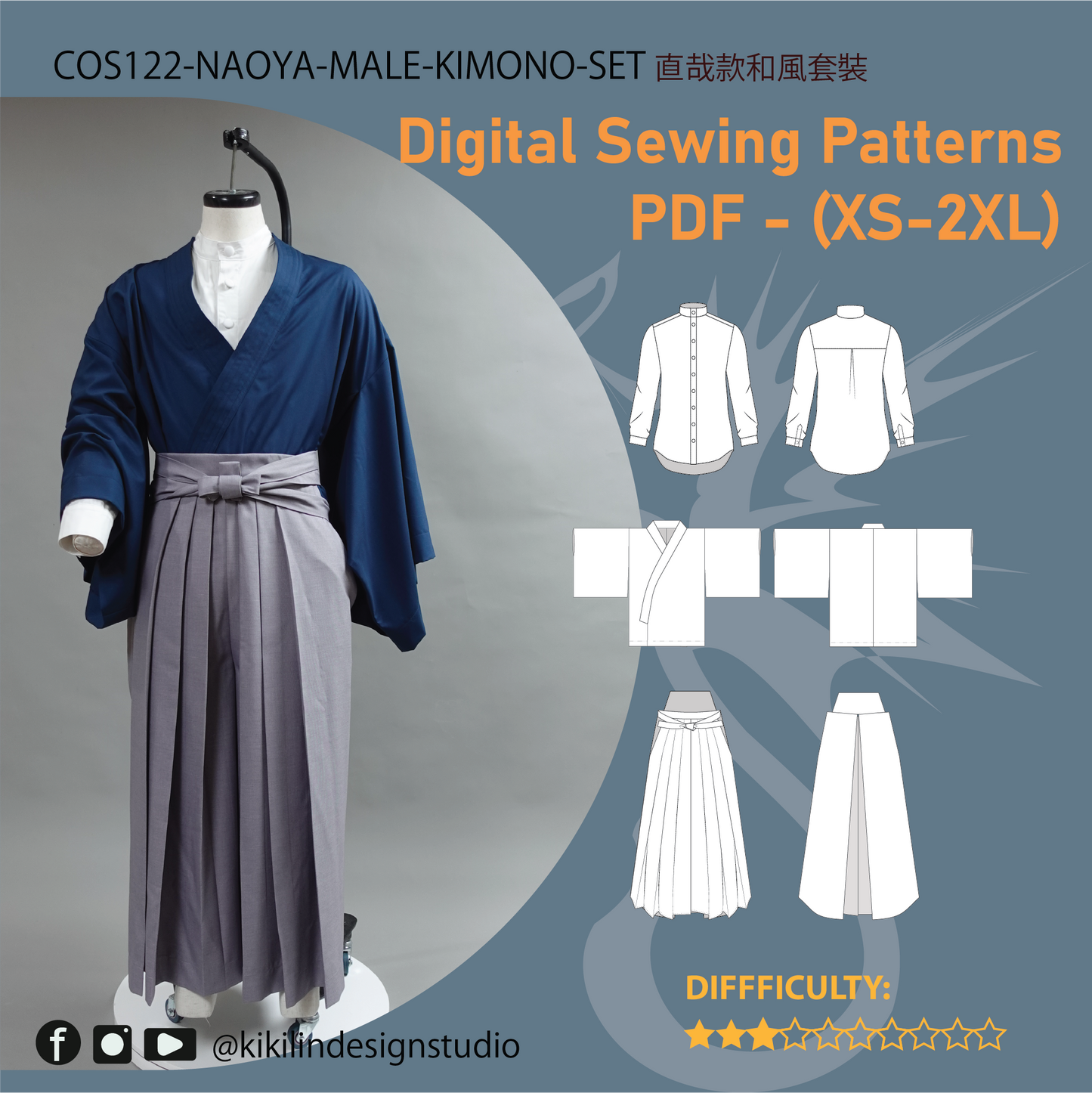Sorcerer 3-Piece Costume Pattern Set | Kimono Top, Band-Collar Shirt & Pleated Hakama PDF (XS-2XL) | Full Video Tutorial