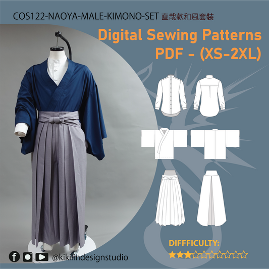 Sorcerer 3-Piece Costume Pattern Set | Kimono Top, Band-Collar Shirt & Pleated Hakama PDF (XS-2XL) | Full Video Tutorial