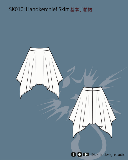 Digital Sewing Pattern | Basic Handkerchief Skirt with 2 Design Variations | 基礎方巾裙含 2 種設計變化（XS-2XL）
