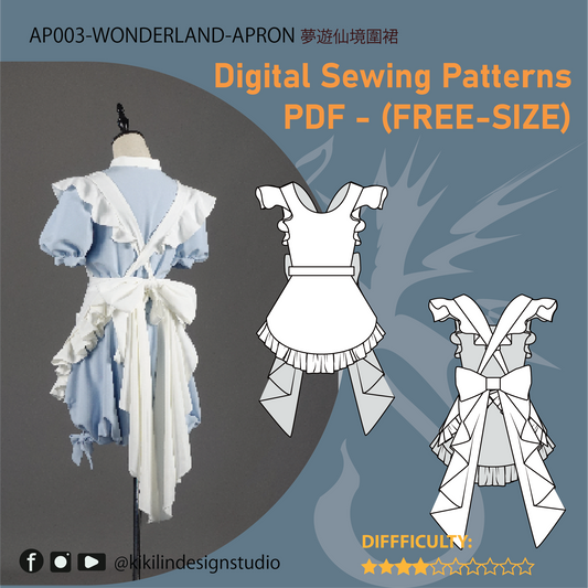 Wonderland Pinafore Apron Pattern | Ruffled Maid Apron with Back Bow PDF (Free-Size) | Experienced Sewist Edition | A4 n A0 Plotter Files