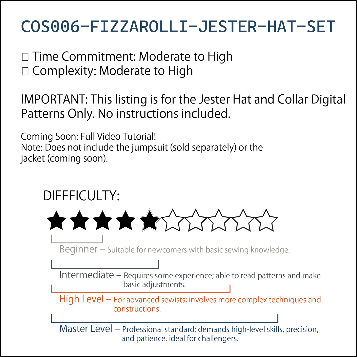 Jester Hat & Collar Sewing Pattern Set |小丑帽＆領圈縫紉紙型套組紙型（Free Size)