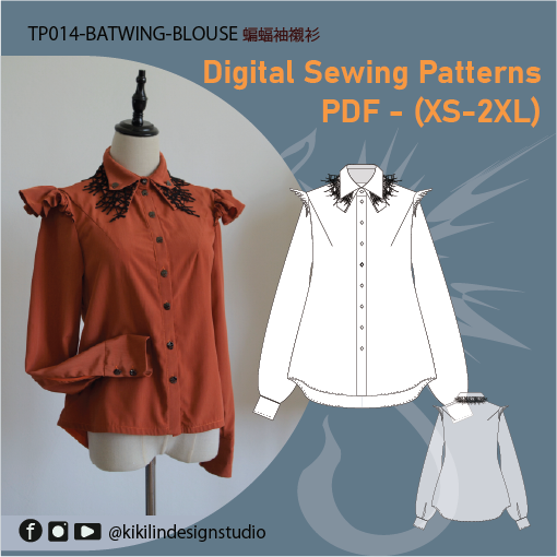 Digital Sewing Pattern | Halloween Bat-Style Blouse with Triple-Layer Bat-Wing Collar| 萬聖節蝙蝠風格襯衫附三層蝙蝠翅膀領設計（XS-2XL）