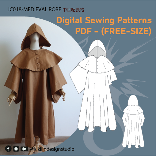 Medieval Robe with Cape and Hood Sewing Pattern | 中世紀長袍縫紉版型