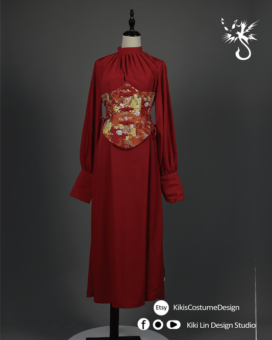 Crimson "Modern Orient" Corseted Maxi Gown