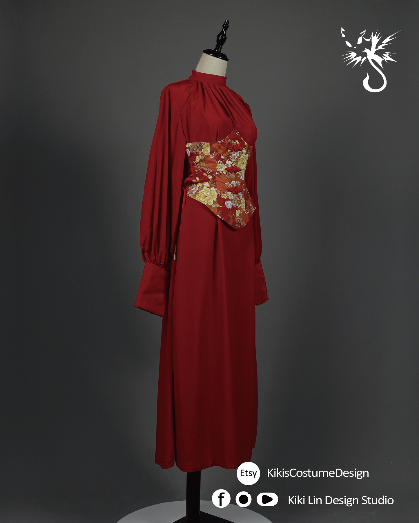 Crimson "Modern Orient" Corseted Maxi Gown