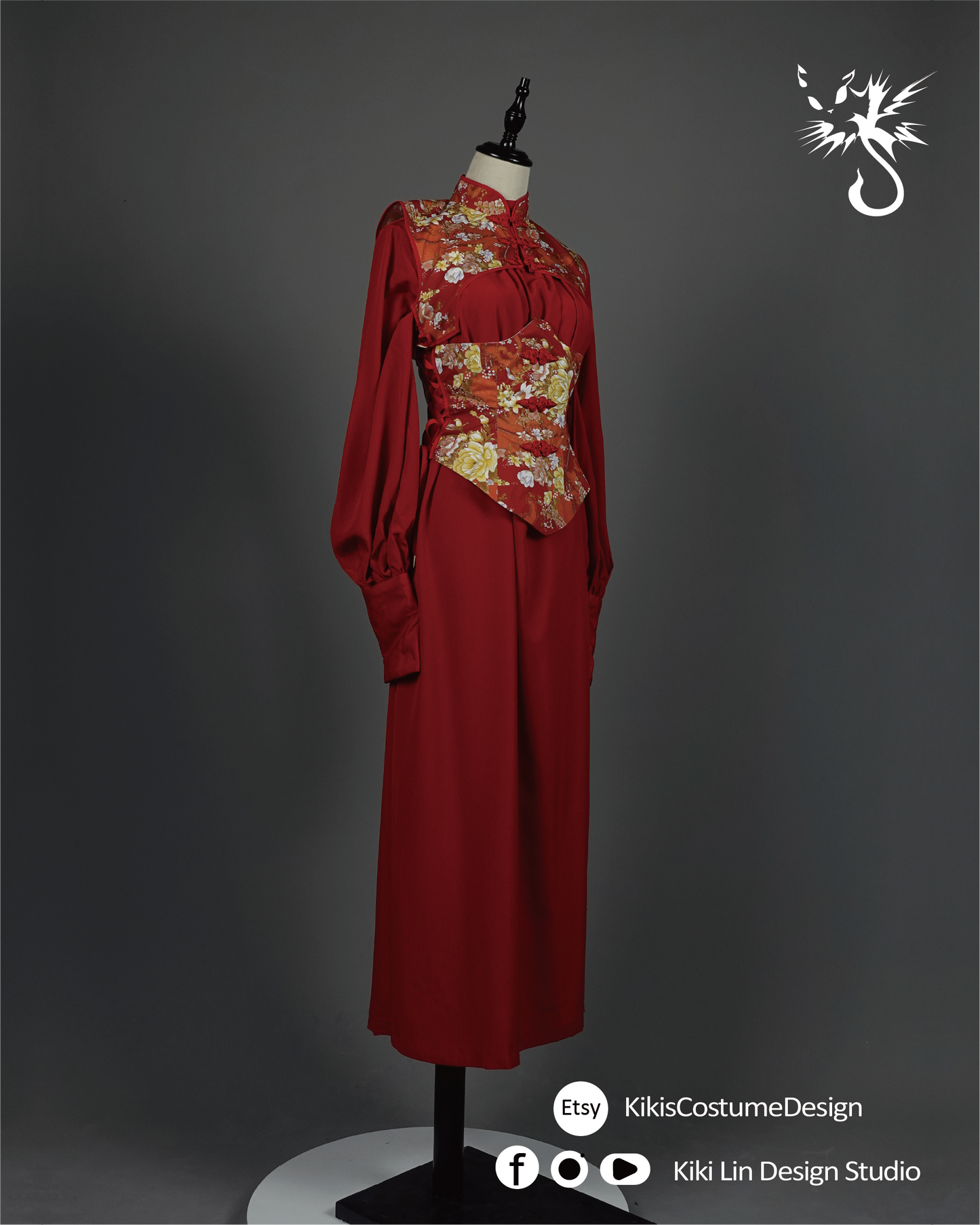 Crimson "Modern Orient" Corseted Maxi Gown
