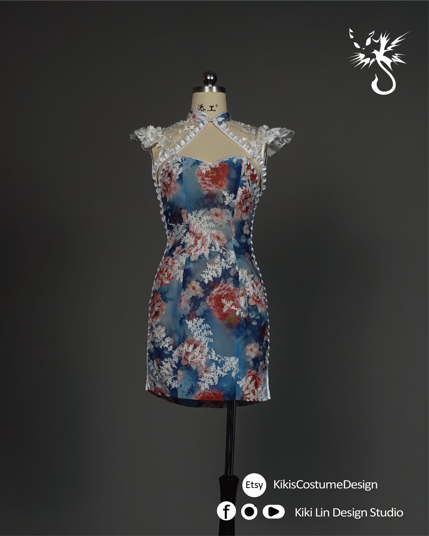 "Porcelain Bloom" Lace-Overlay Qi Pao