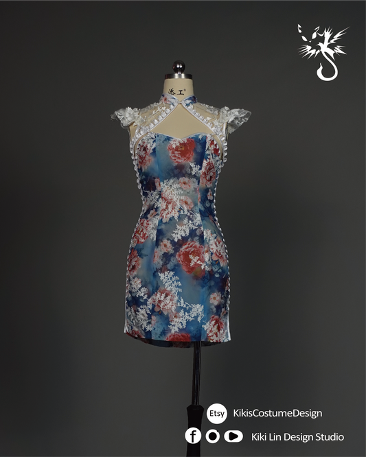 "Porcelain Bloom" Lace-Overlay Qi Pao