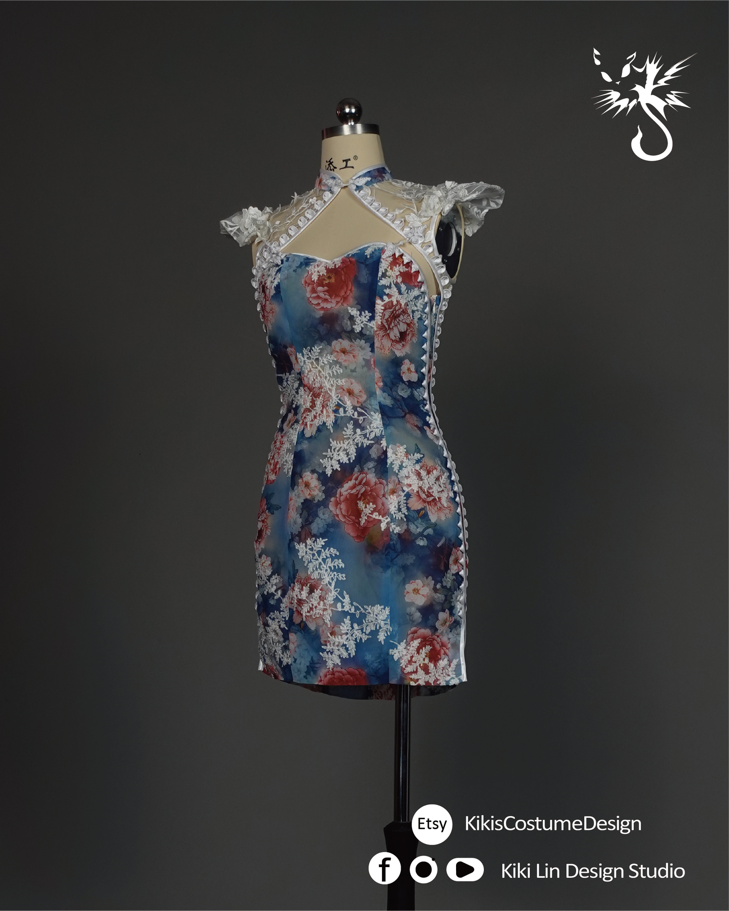 "Porcelain Bloom" Lace-Overlay Qi Pao
