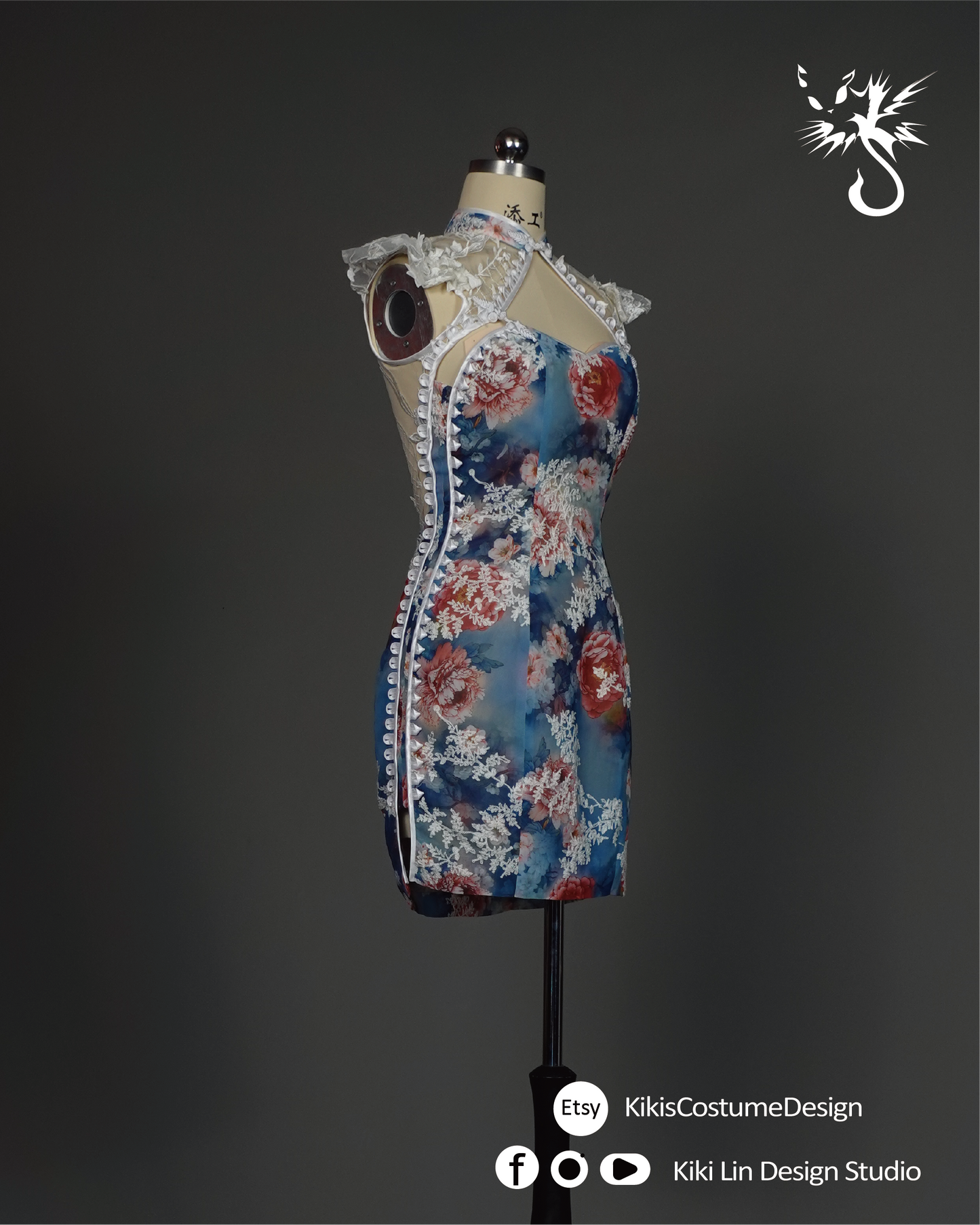 "Porcelain Bloom" Lace-Overlay Qi Pao