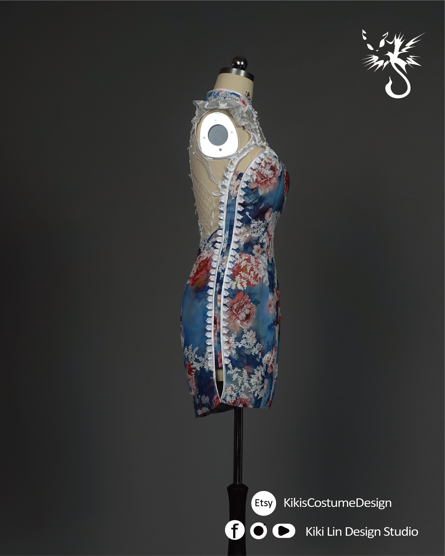 "Porcelain Bloom" Lace-Overlay Qi Pao