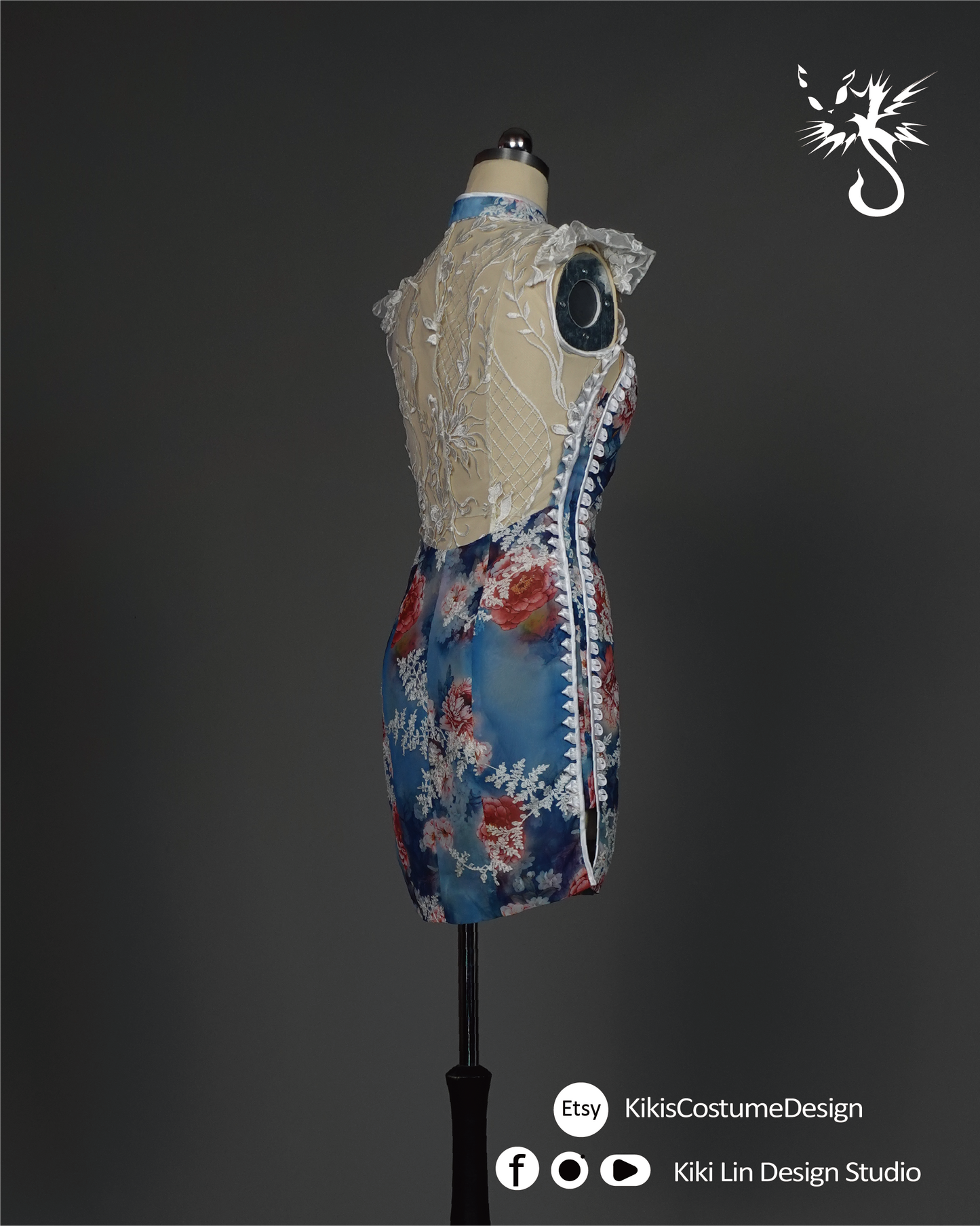 "Porcelain Bloom" Lace-Overlay Qi Pao