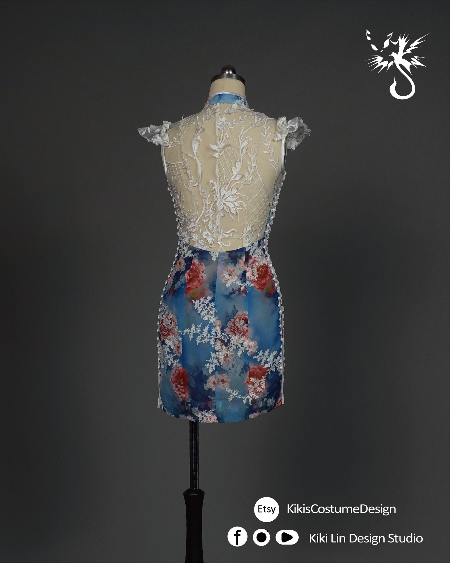 "Porcelain Bloom" Lace-Overlay Qi Pao