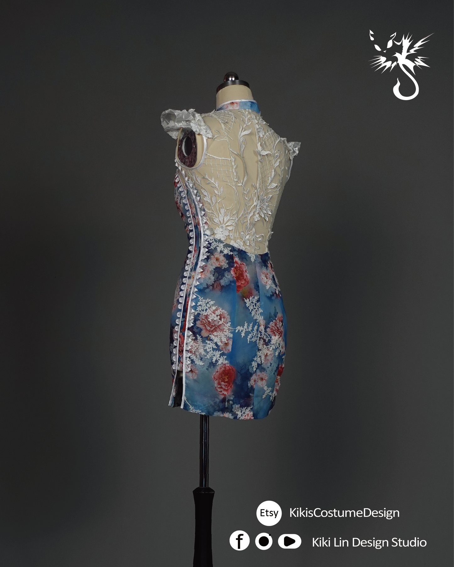 "Porcelain Bloom" Lace-Overlay Qi Pao