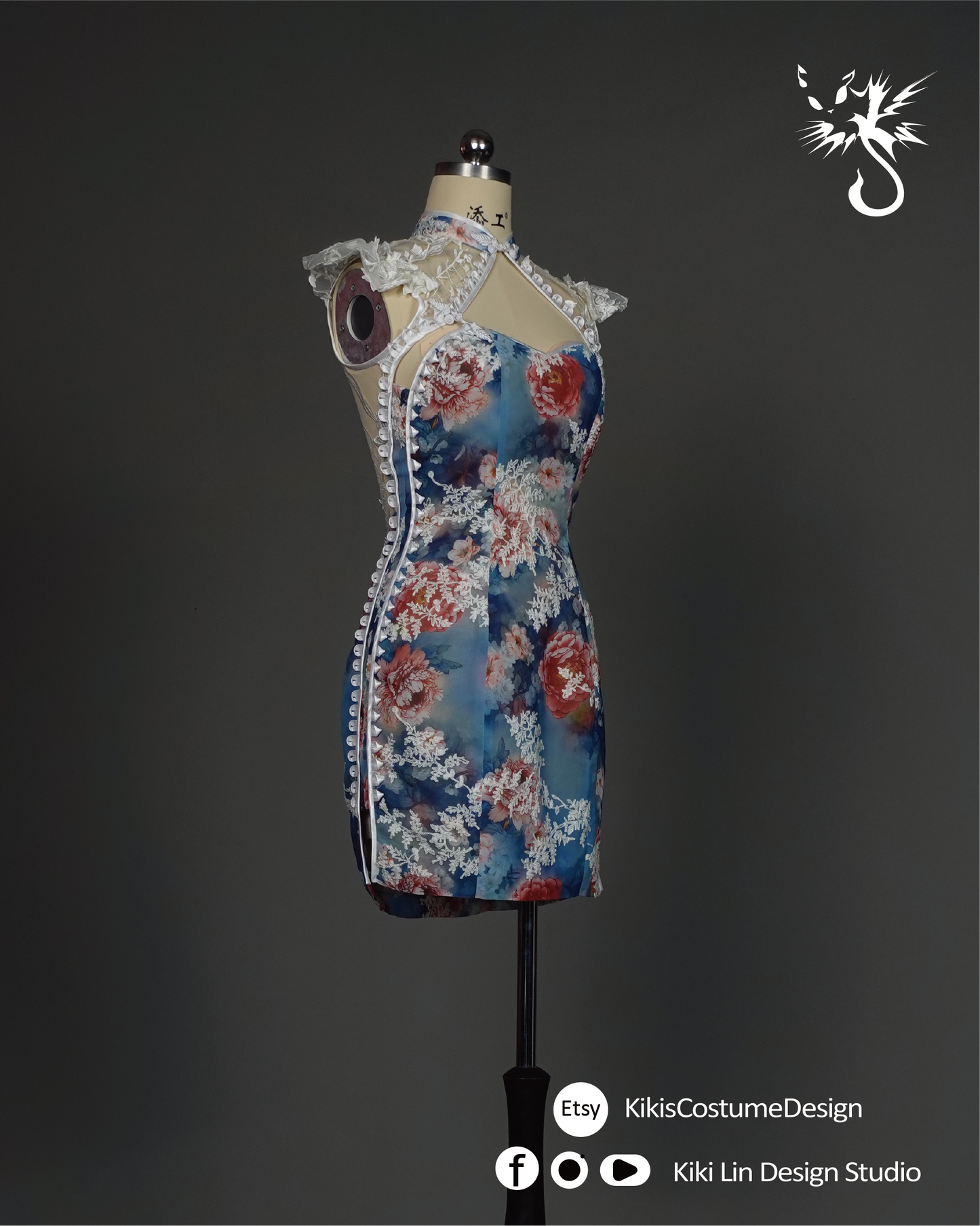 "Porcelain Bloom" Lace-Overlay Qi Pao