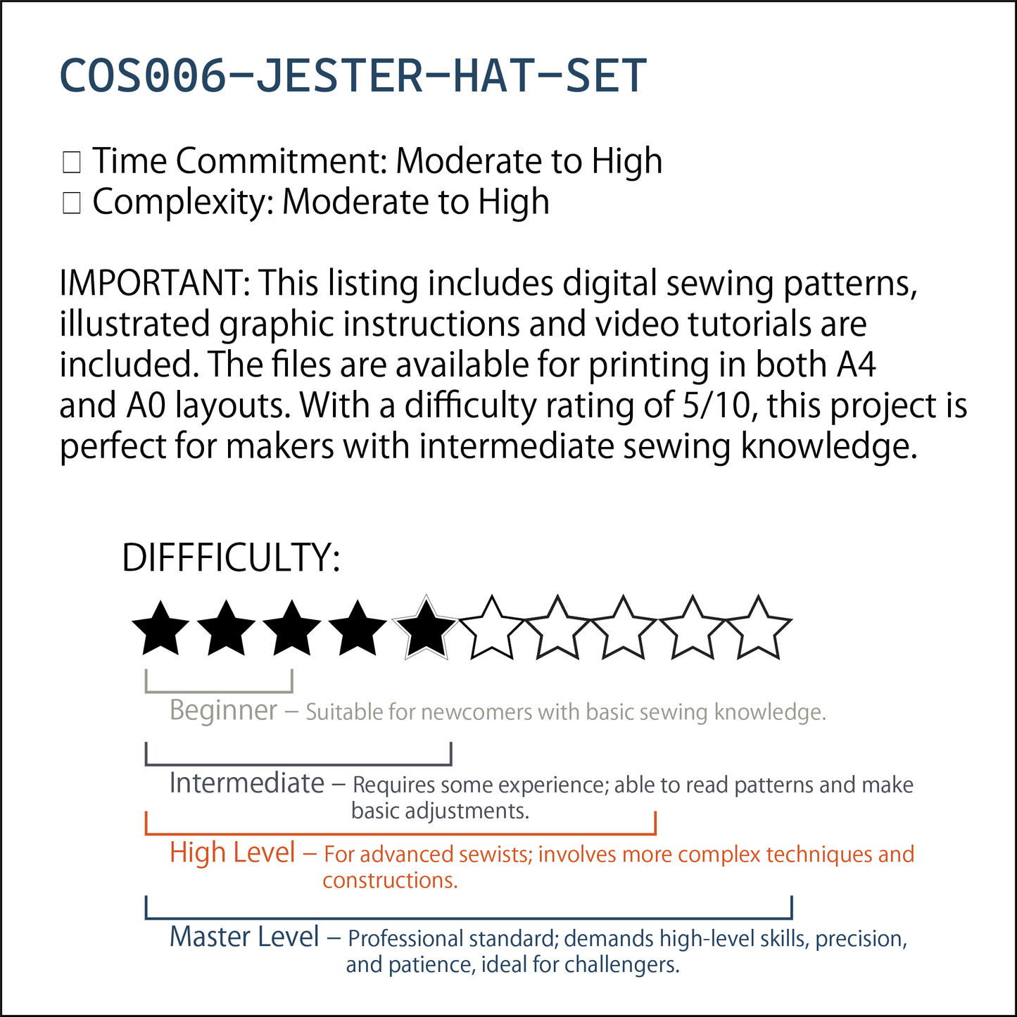 Jester Hat & Collar Sewing Pattern Set |小丑帽＆領圈縫紉紙型套組紙型（Free Size)