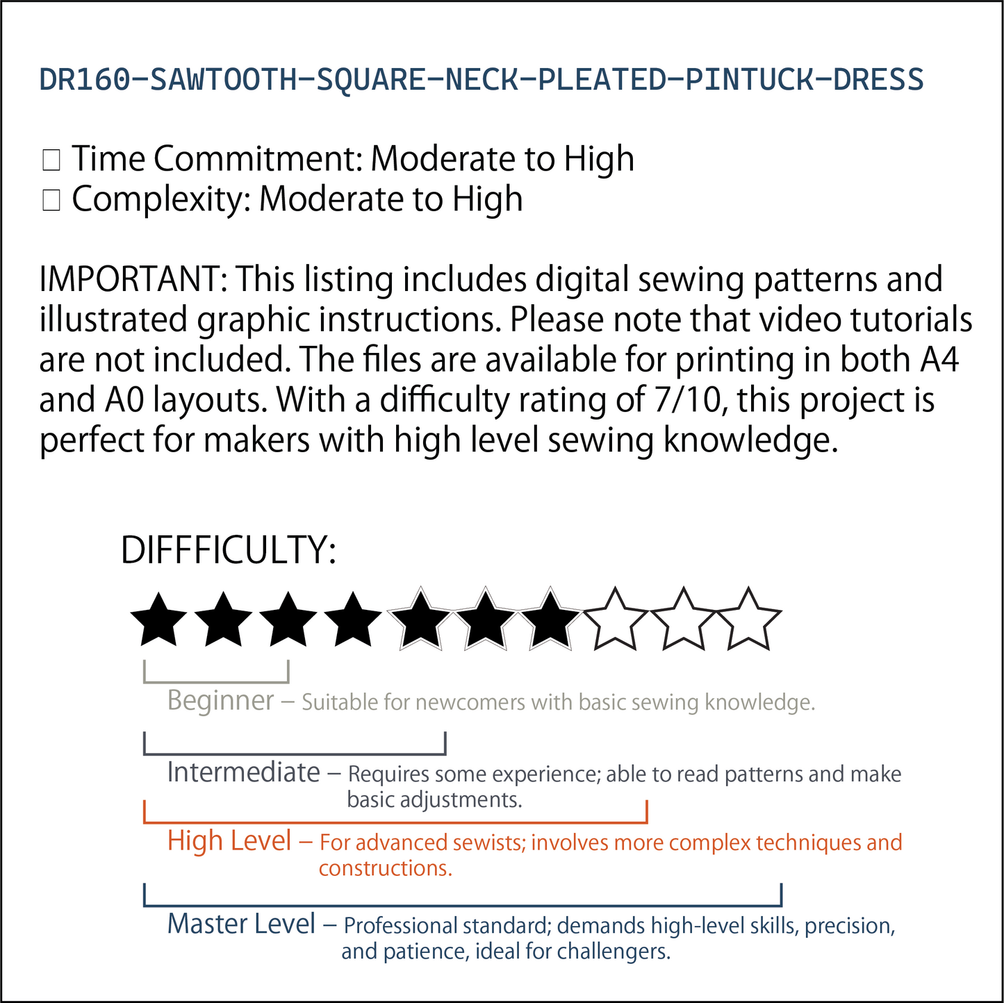 Sawtooth Square-Neck Dress Sewing Pattern | Pintuck Puff-Sleeve Gown PDF (XS-2XL) | Illustrated Graphic Instructions | A4 n A0 Plotter