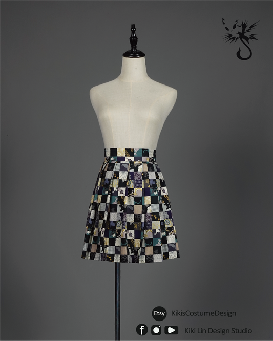 Pleated Skirtwith Black Cat Prints