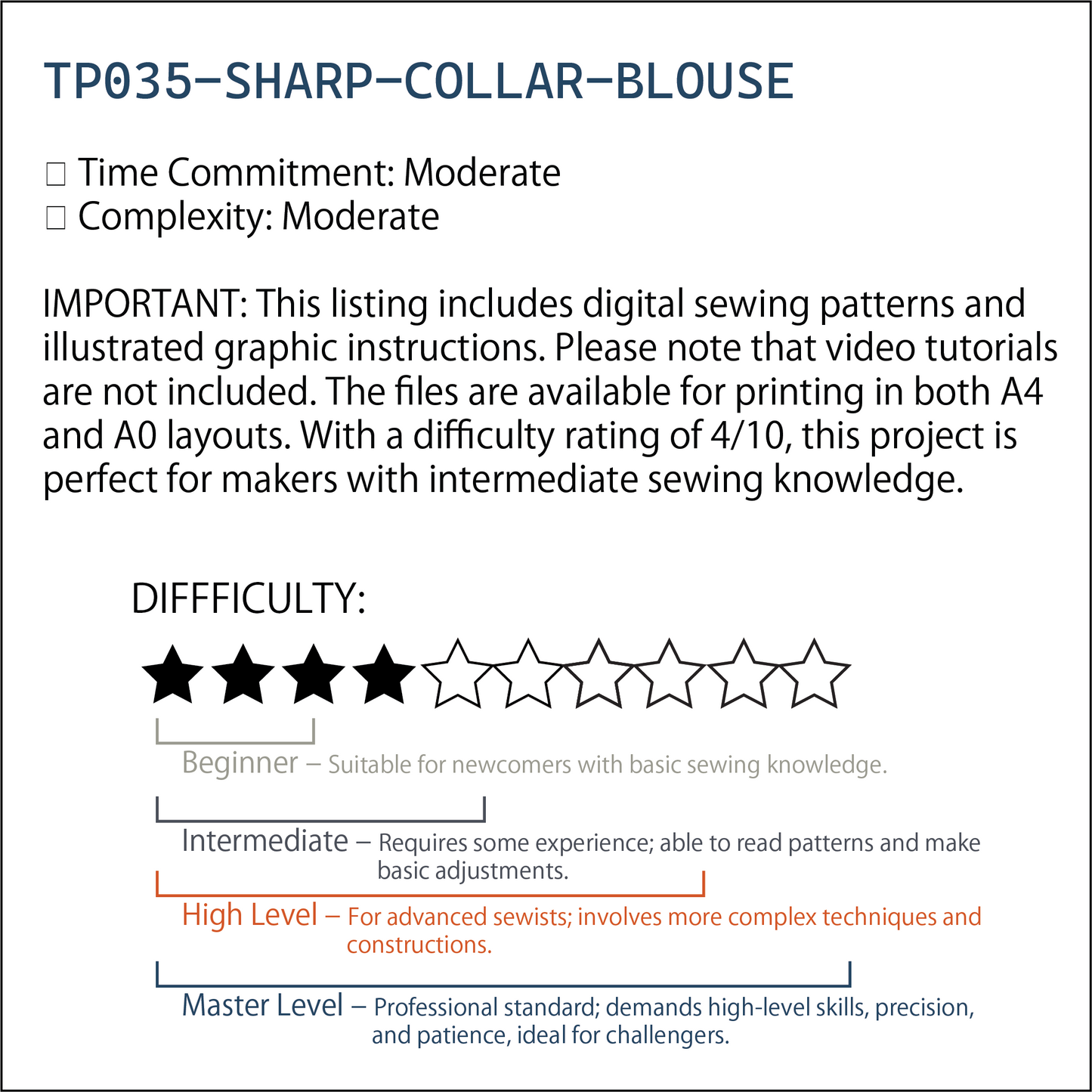 Sharp Collar Short-Sleeve Shirt Pattern | PDF (XS-2XL) | Step-by-Step Graphic Instructions | A4 n A0 Plotter