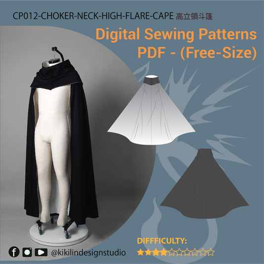 Choker-Neck High-Flare Cape Pattern | High Collar Sweeping Fantasy Cloak PDF (Free-Size) | Video Tutorial Included | A4 & A0 Plotter Files