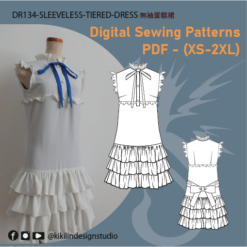 Ruffle Neck Tiered Dress Pattern |荷葉邊高領層次洋裝版型 (XS-2XL)