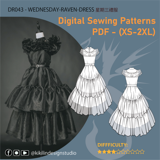 Gothic Raven Ball Gown Sewing Pattern | Dark Academia Tiered Ruffle Dance Dress PDF (XS-2XL) | Experienced Sewist Edition | A4 n A0 Plotter