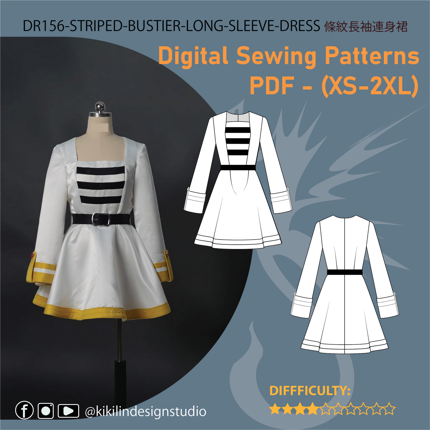 lven Mage Costume Sewing Pattern BUNDLE | Striped Dress & Capelet PDF (XS-2XL) | Video Tutorials n Graphic Guide | A4 n A0 Plotter