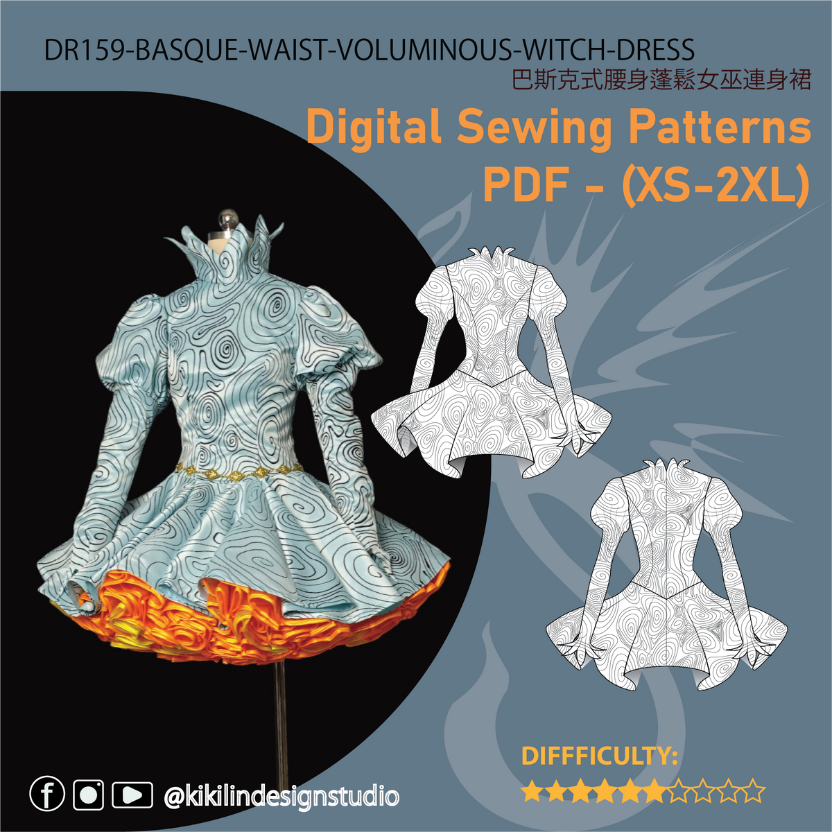 Halloween Witch Costume Sewing Pattern BUNDLE | Basque Waist Dress Hat & Yoke PDF (XS-2XL) | Step-by-Step Video Tutorials | A4 n A0 Files