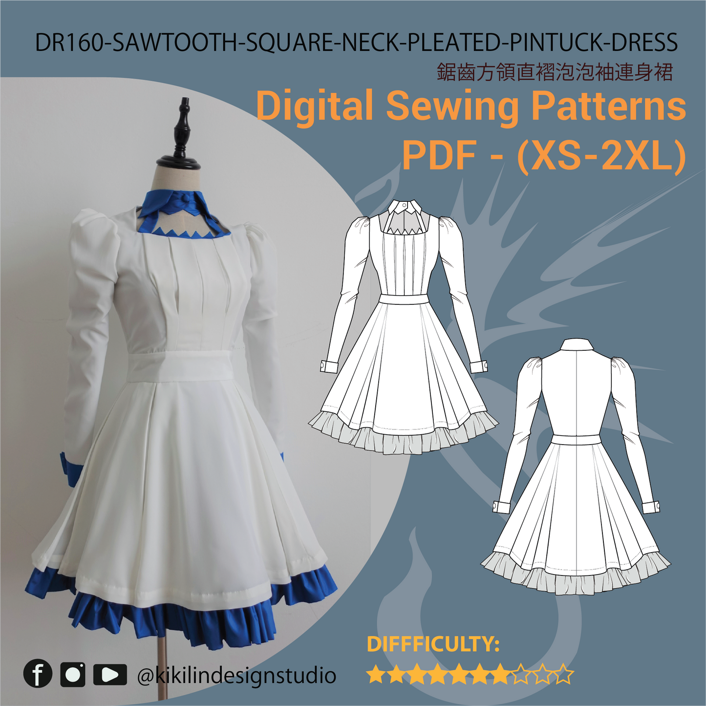 Sawtooth Square-Neck Dress Sewing Pattern | Pintuck Puff-Sleeve Gown PDF (XS-2XL) | Illustrated Graphic Instructions | A4 n A0 Plotter