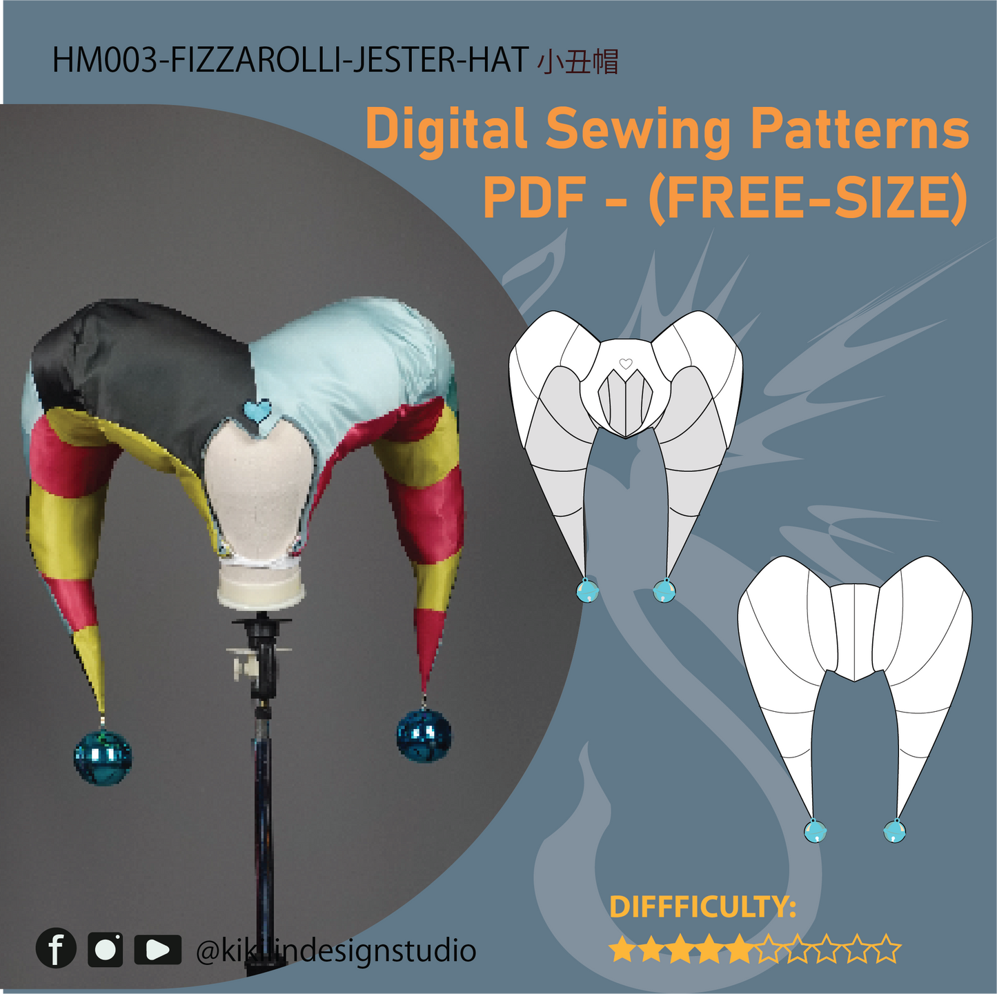 Jester Hat & Collar Sewing Pattern Set |小丑帽＆領圈縫紉紙型套組紙型（Free Size)