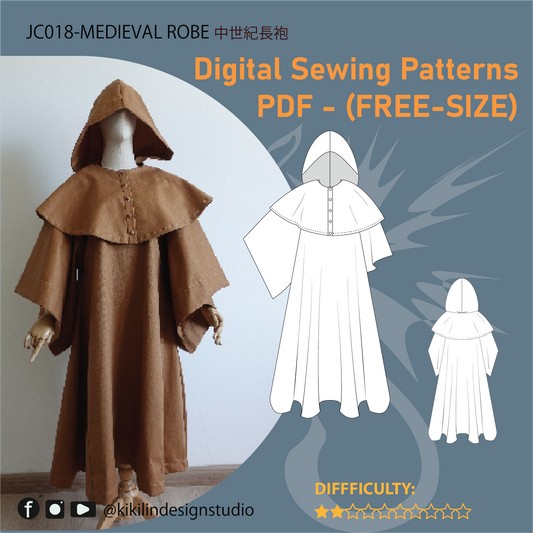 Medieval Robe with Cape and Hood Sewing Pattern | 中世紀長袍縫紉版型