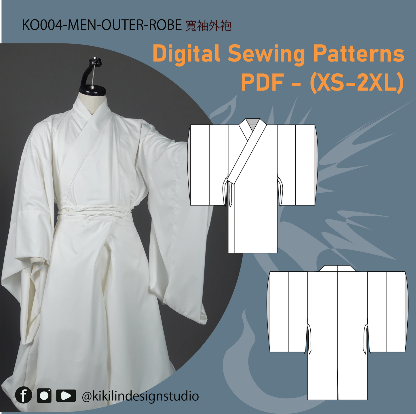 Men's Traditional Outer Robe Pattern | Wide-Sleeve Kimono Style Wrap Gown PDF (XS-2XL)