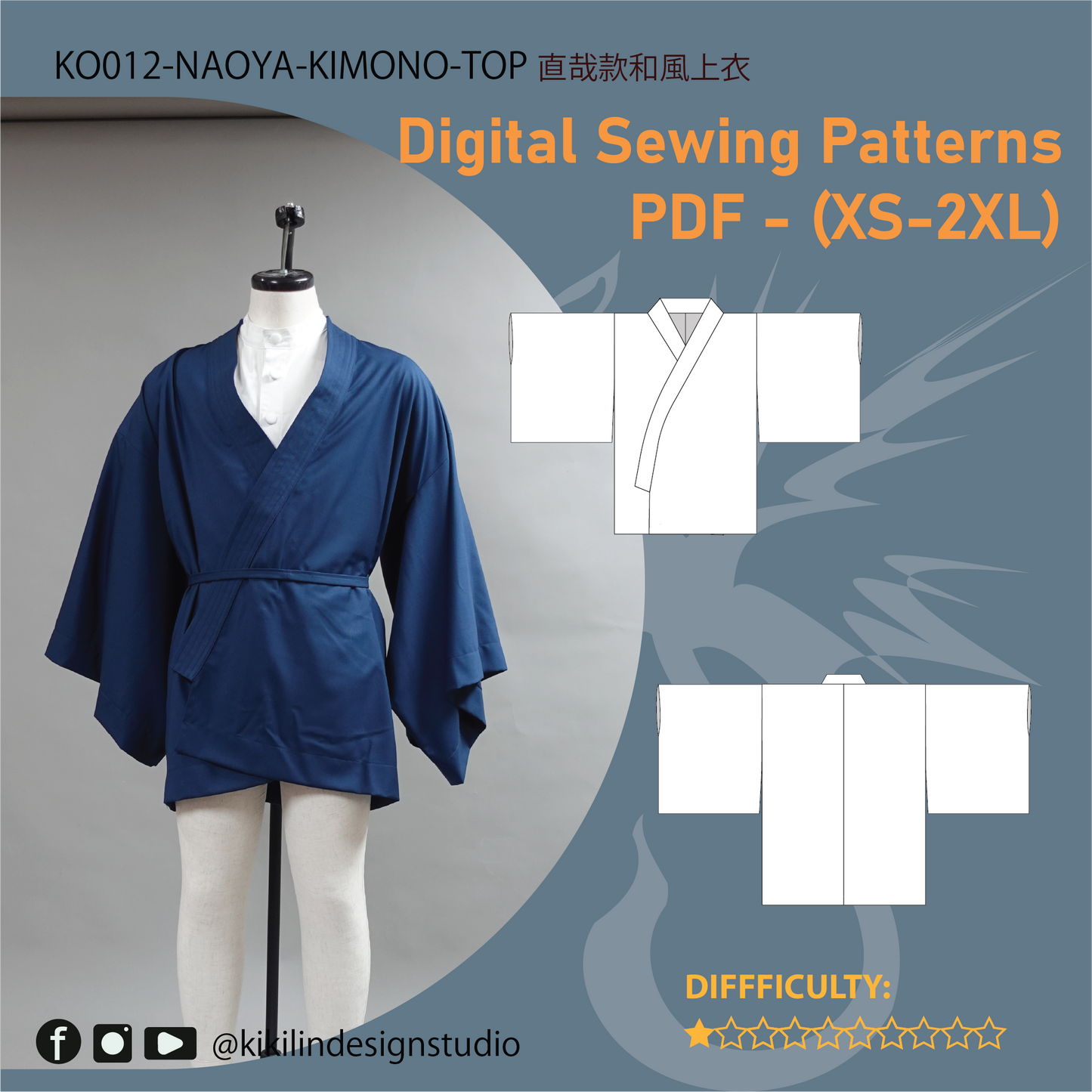 Sorcerer 3-Piece Costume Pattern Set | Kimono Top, Band-Collar Shirt & Pleated Hakama PDF (XS-2XL) | Full Video Tutorial
