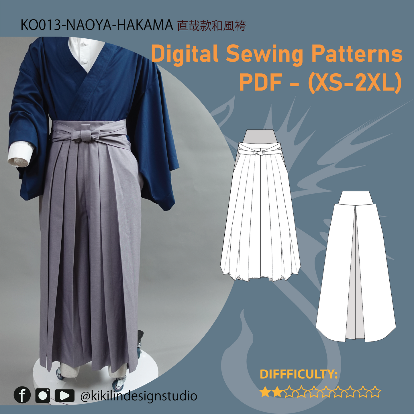 Sorcerer 3-Piece Costume Pattern Set | Kimono Top, Band-Collar Shirt & Pleated Hakama PDF (XS-2XL) | Full Video Tutorial