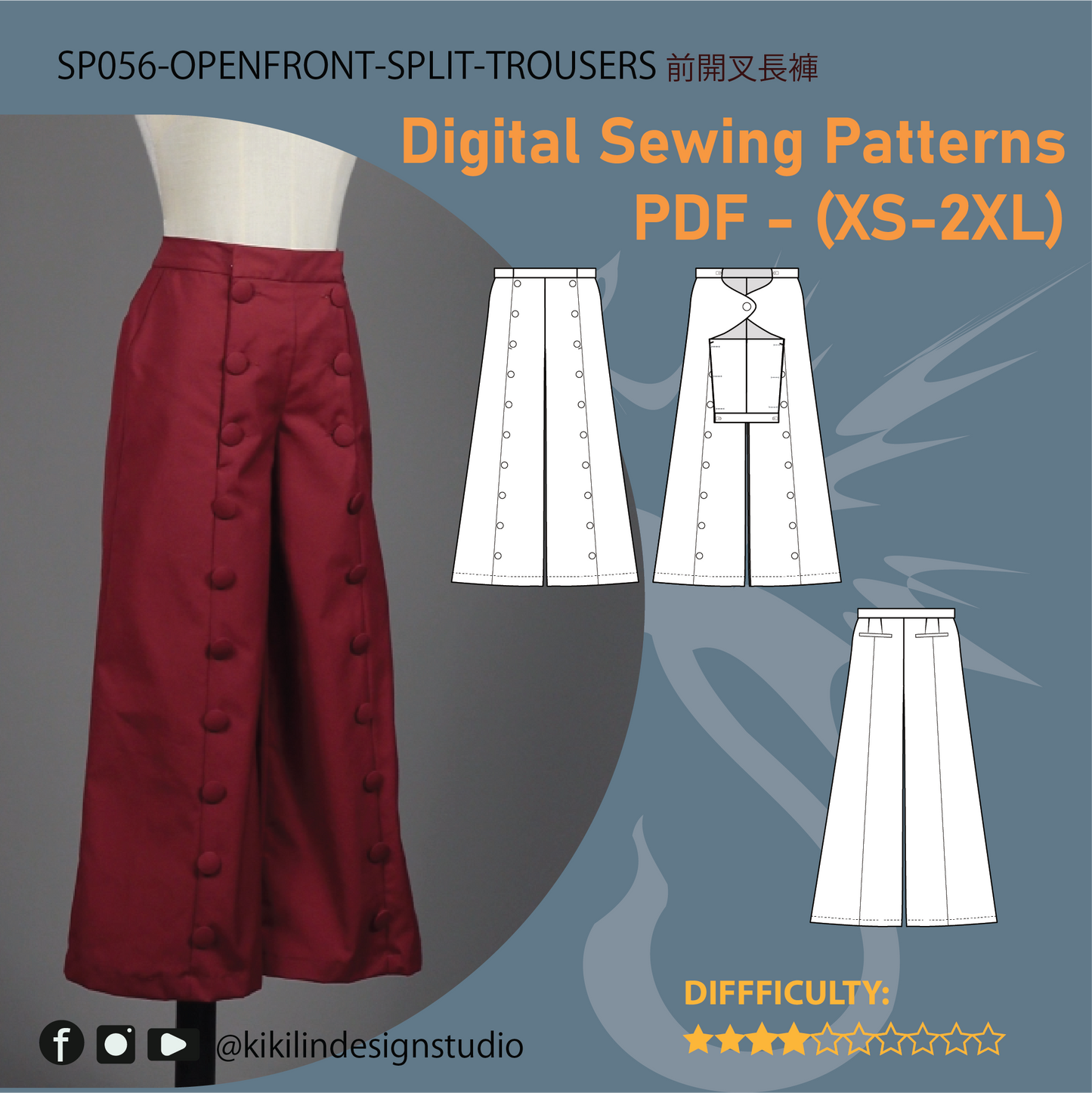 Wide-Leg Open-Front Trousers Pattern | Front Double-Breasted Pants PDF (XS-2XL) | Illustrated Graphic Instructions | A4 n A0 Plotter