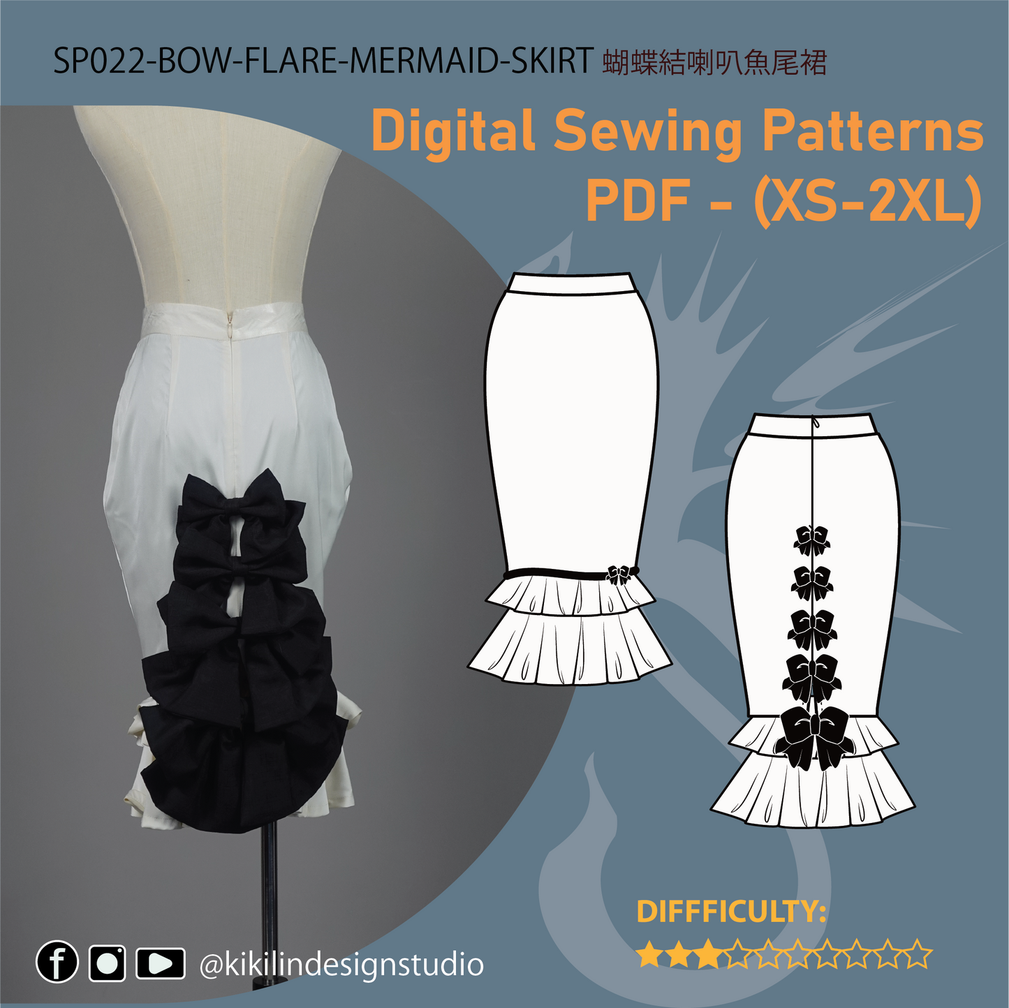 Bow Flare Mermaid Skirt Pattern | Elegant Bustle Style Ruffle Midi Skirt PDF (XS-2XL)