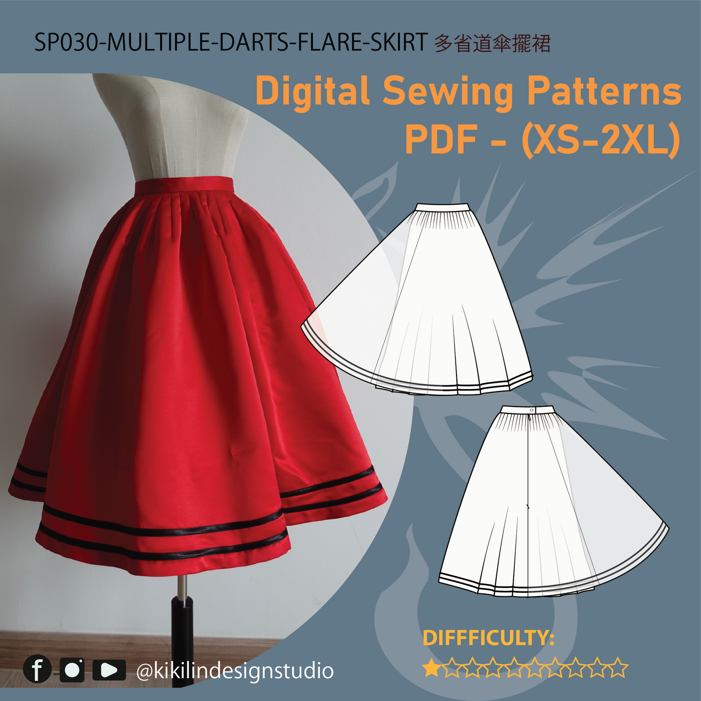 Multiple-Darts Flare Skirt Pattern | Merchant Wolf Alsace Folk Costume PDF (XS-2XL) | Includes Assembly Order | A4 & A0 Plotter Files