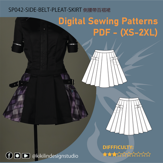Side-Belt Pleated Skirt Pattern | Virtual Idol Plaid Accented Mini Skirt PDF (XS-2XL) | Step-by-Step Graphic Instructions | A4 n A0 Plotter