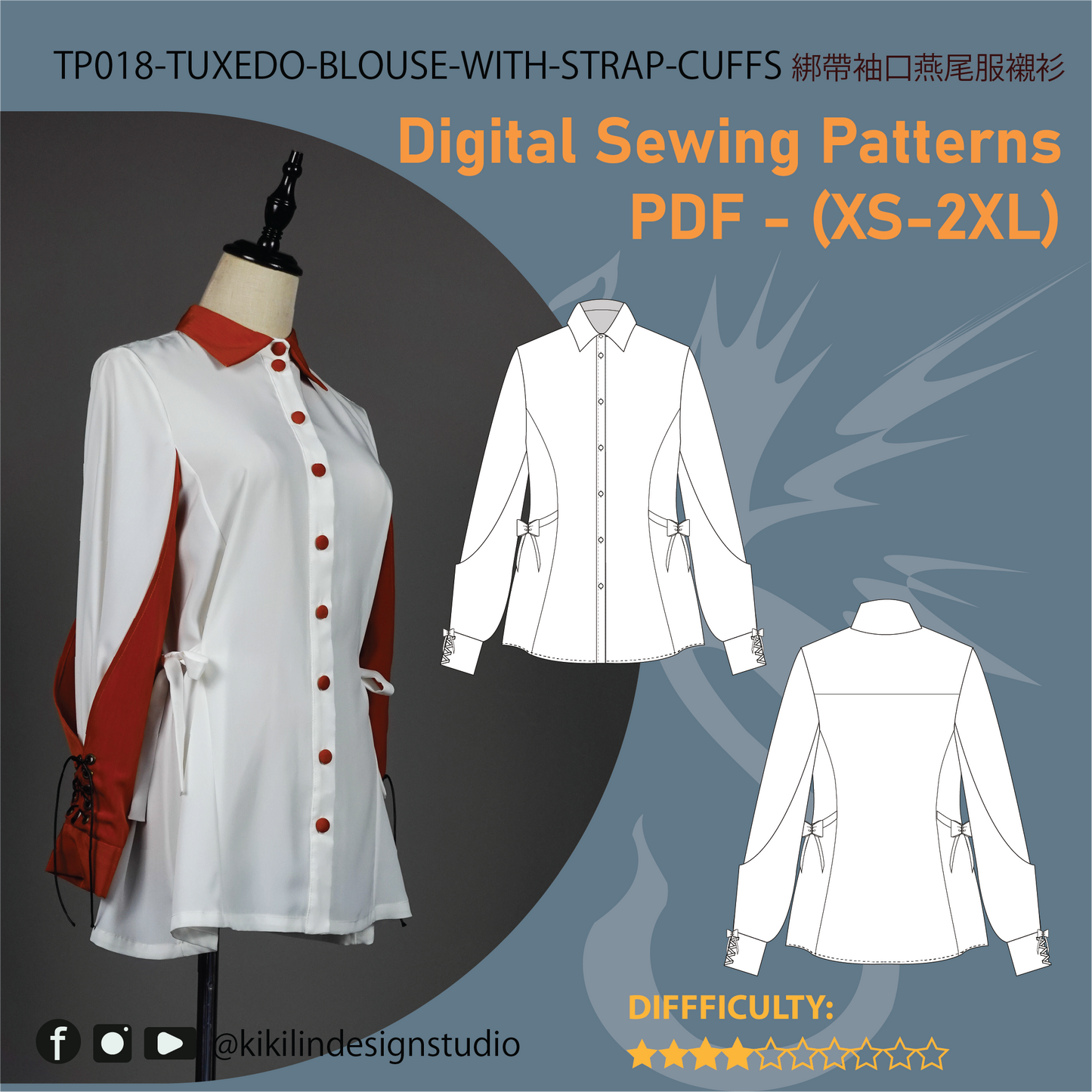 Tuxedo Blouse with Strap Cuffs Pattern | Two-Tone Button Down Shirt PDF (XS-2XL)