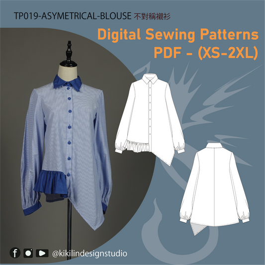 Asymmetrical Ruffle Blouse Pattern | Modern Button-Down Shirt PDF (XS-2XL)