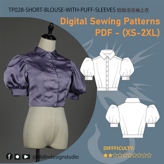 Short Puff Sleeve Cropped Blouse Pattern | Vintage High-Waist Button-Up Shirt PDF (XS-2XL) | Sewing Instructions Included | A4 & A0 Plotter